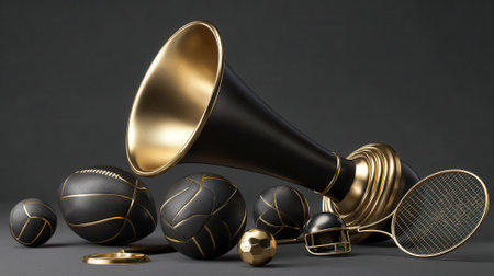 A sophisticated arrangement of sports equipment including basketballs, a tennis racket, and a golden trophy, presented on a dark background.の素材