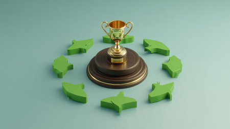 A golden trophy stands in the center, encircled by green leaf shapes, representing success in environmental initiatives.の素材