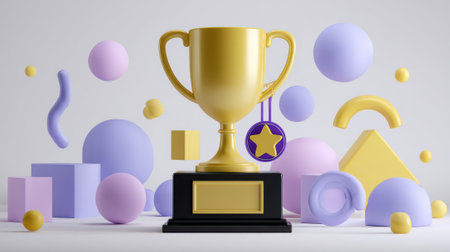 A 3D render of a golden trophy surrounded by colorful abstract geometric shapes and a star medal.の素材