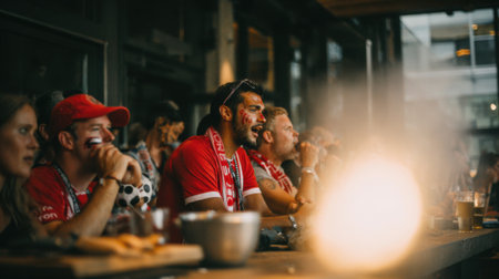 A group of friends are watching a sports match in a bar, cheering and enjoying the game.の素材