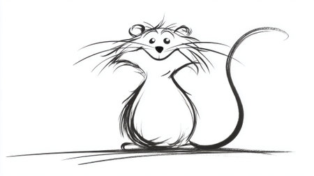 A whimsical sketch of a mouse with big eyes and long whiskers, standing on a line.の素材
