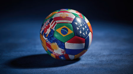 A soccer ball with various national flags on its panels, set against a dark blue textured surface.の素材