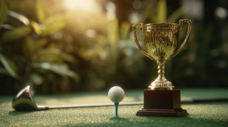 A golden golf trophy stands proudly next to a golf ball on a tee, with a golf club driver in the foreground, set against a lush green background.の素材