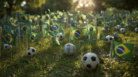 A field filled with numerous Brazilian flags and soccer balls, bathed in warm sunlight, creating a festive and sporty atmosphere.の素材