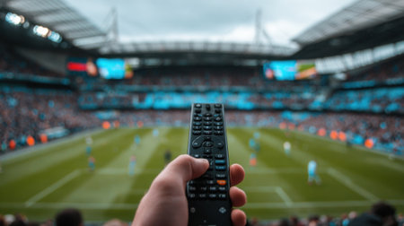 A persons hand holds a remote control, focusing on a vibrant soccer field within a large stadium, with spectators visible in the background.の素材