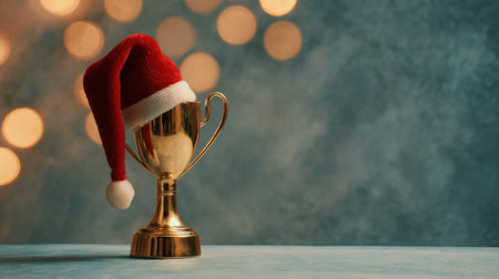 A golden trophy wearing a Santa hat sits on a table with a blurred background of warm bokeh lights, evoking a festive and celebratory mood.の素材