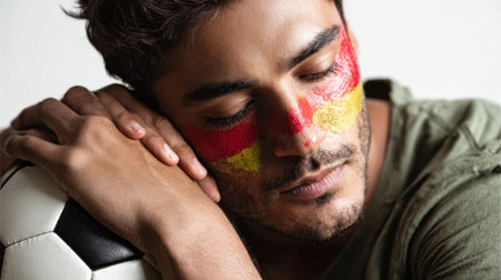A man with German flag face paint appears to be sleeping, resting his head on a soccer ball, conveying disappointment or exhaustion.の素材