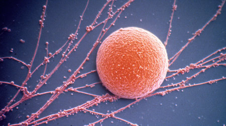 A scanning electron micrograph shows a human egg cell, or ovum, with its zona pellucida visible. It is surrounded by cumulus cells, which provide nourishment and support.の素材