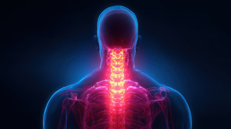 Detailed 3D render of the human cervical spine, highlighted in red and blue, showing anatomical detail against a dark background.の素材