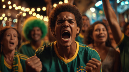 A young man with a vibrant expression of joy and excitement, surrounded by other fans, celebrating a sports victory.の素材