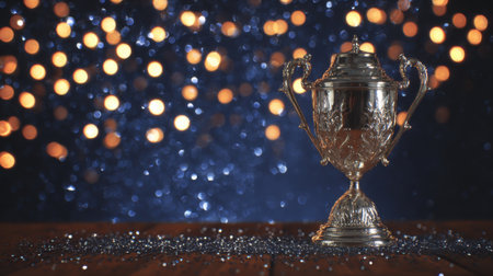 A gleaming golden trophy stands proudly on a wooden surface, illuminated by a magical bokeh effect of warm lights and sparkling stars.の素材
