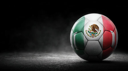 A soccer ball featuring the Mexican flag, set against a dark, moody background.の素材
