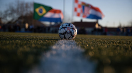 A soccer ball rests on a green field, with the flags of Brazil and Croatia waving in the distance.の素材