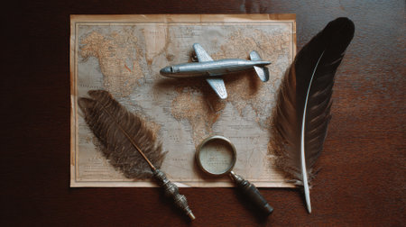 A vintage still life composition featuring a world map, a toy airplane, quills, and a magnifying glass, evoking themes of travel and discovery.の素材