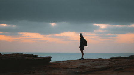 A solitary figure with a backpack stands on a rocky outcrop, gazing at the horizon as the sun sets over the sea, casting warm hues across the sky.の素材