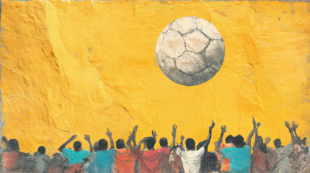 A lively illustration of a crowd of diverse fans with raised hands, celebrating a soccer match under a massive soccer ball against a bright yellow background.の素材