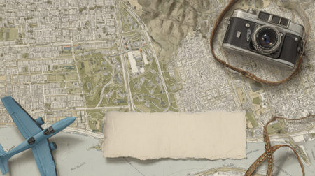 A flat lay composition featuring vintage travel items including a map, a retro camera, and a toy airplane, with a blank space for text.の素材