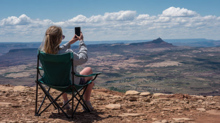 A woman sits in a green camping chair on a rocky cliff edge, holding up her phone to take a picture of a sprawling desert vista under a cloudy sky.の素材