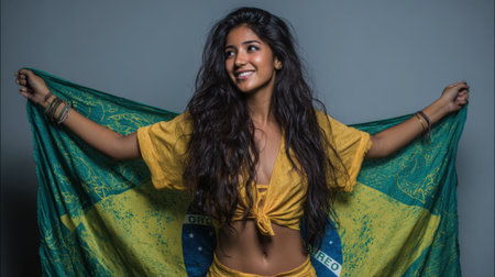 A young Brazilian woman with long dark hair holds the national flag of Brazil. She is wearing a yellow top and smiling.の素材