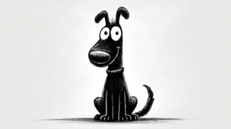 A whimsical black cartoon dog with large, expressive eyes and a wide smile sits attentively against a plain background.の素材