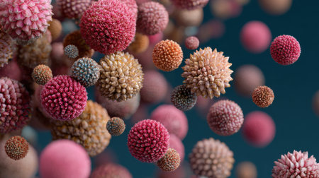 A close-up, abstract view of numerous spherical, textured particles resembling microscopic organisms or pollen, rendered in various vibrant colors against a dark background.の素材