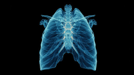 A detailed 3D rendering of the human rib cage and lungs, presented in a striking blue hue against a black background.の素材