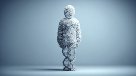 A stylized human figure constructed from swirling DNA double helixes and small particles, set against a soft blue background.の素材