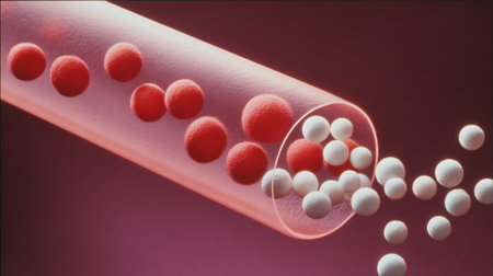 Microscopic view of red and white blood cells in a blood vessel, illustrating blood circulation and the immune system.の素材