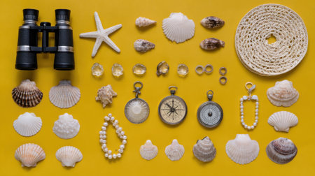 A flat lay arrangement of various seashells, a starfish, binoculars, pocket watches, and a beaded bracelet on a vibrant yellow surface.の素材