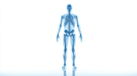 A full body anatomical view of a human skeleton with a blue glow, presented on a clean white background.の素材