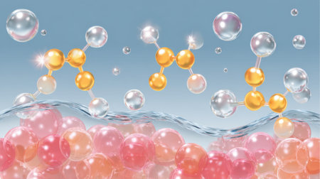 Abstract visualization of molecular structures with golden and silver spheres, surrounded by numerous bubbles and a wavy water surface.の素材