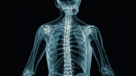 Detailed anatomical X-ray view of the human skeleton, focusing on the spine and rib cage, presented against a black background.の素材