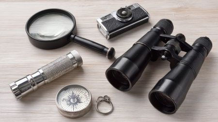 A flat lay of essential tools for exploration and discovery, including binoculars, a magnifying glass, a compass, a flashlight, a vintage camera, and rings.の素材