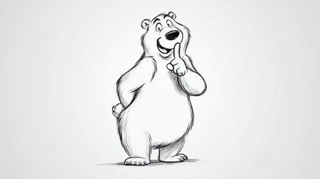 A charming black and white sketch of a cartoon polar bear with a finger to its lips, signaling for silence. The bear stands with one hand on its hip, conveying a playful and secretive mood.の素材