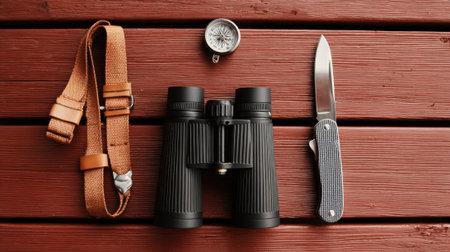 A set of binoculars, a folding knife, and a compass are arranged on a rustic wooden background, suggesting preparation for outdoor activities.の素材