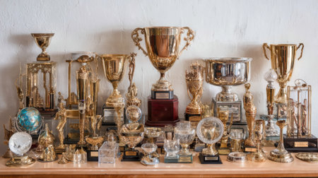 A diverse collection of trophies and awards of various sizes and designs, showcasing achievements and recognition.の素材