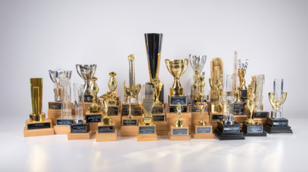 A diverse collection of trophies and awards of various sizes and designs, displayed together on a clean white surface.の素材