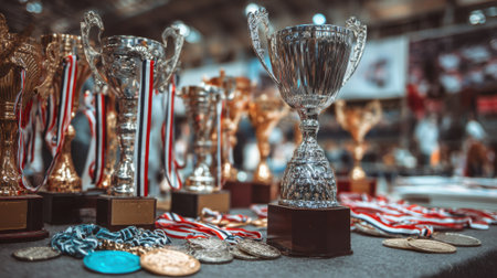 A close-up view of various trophies and medals, symbolizing victory and achievement in sports.の素材