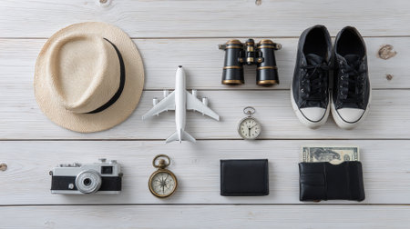 A collection of travel items including a hat, airplane, binoculars, shoes, camera, compass, and wallet laid out on a white wooden background.の素材