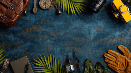 A collection of vintage travel items including a leather bag, gloves, and a compass arranged with palm leaves on a rustic blue surface.の素材