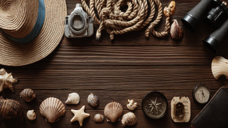 A flat lay composition of nautical adventure travel items including a straw hat, rope, binoculars, compass, and seashells on a wooden background.の素材