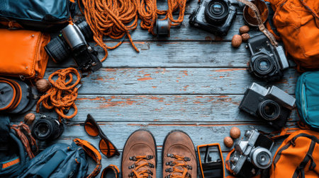A collection of outdoor adventure gear and travel essentials arranged on a wooden surface, including boots, cameras, ropes, and backpacks.の素材
