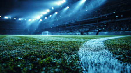A low-angle view of a football stadium at night, illuminated by bright spotlights, with a focus on the lush green field and white markings.の素材