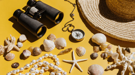 A collection of travel and adventure items including binoculars, a compass, a straw hat, and various seashells and starfish arranged on a bright yellow surface.の素材