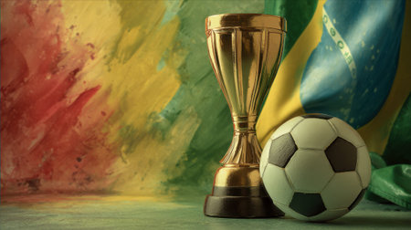 A golden soccer trophy and a classic black and white soccer ball are displayed in front of a vibrant, abstract background featuring the colors of the Brazilian flag.の素材