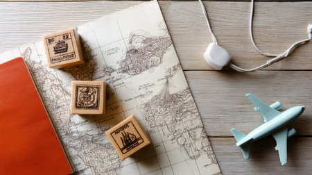 Overhead view of travel essentials including a map, passport, stamps, and a toy airplane on a wooden surface, suggesting vacation planning.の素材