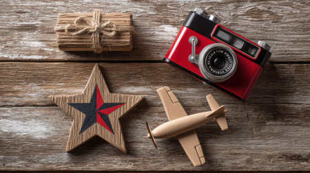 A collection of vintage-inspired toys and decorative items, including a wooden star, a toy airplane, a retro camera, and a wrapped package, arranged on a weathered wooden background.の素材
