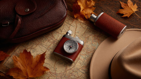 A flat lay composition of vintage travel items including a compass, flask, map, leather bag, and hat, surrounded by autumn leaves on a wooden surface.の素材