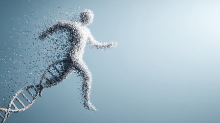 A human figure composed of particles dissolves into a DNA helix, symbolizing genetic transformation or decay.の素材