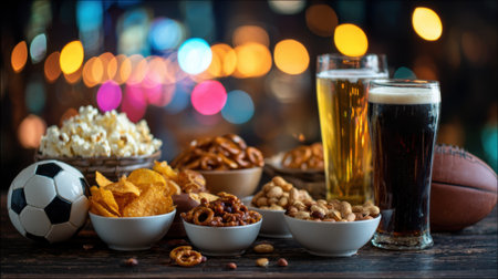 A collection of popular bar snacks like chips, pretzels, and nuts, alongside two glasses of beer, with a soccer ball and football, set against a blurred background of colorful bokeh lights.の素材